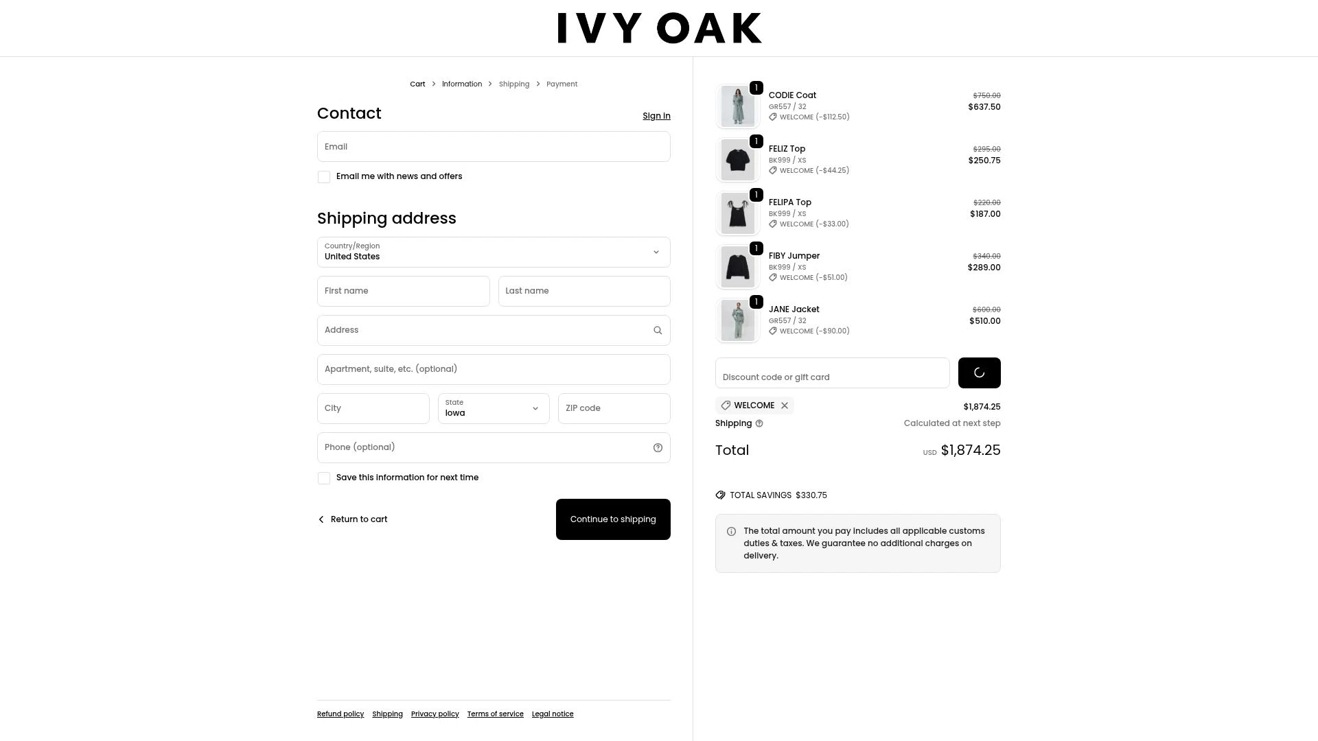 Ivy Oak checkout page showing Ivy Oak promo code box | Screenshot taken by SimplyCodes community member on Dec 28, 2025