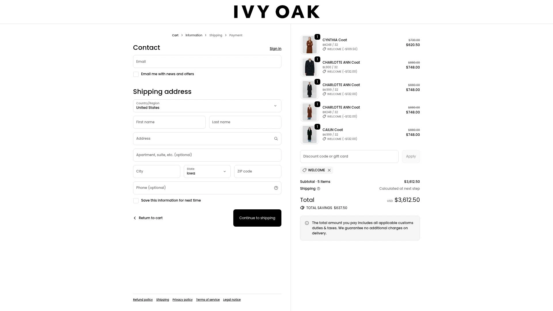 Ivy Oak checkout page showing Ivy Oak promo code box | Screenshot taken by SimplyCodes community member on Nov 24, 2025