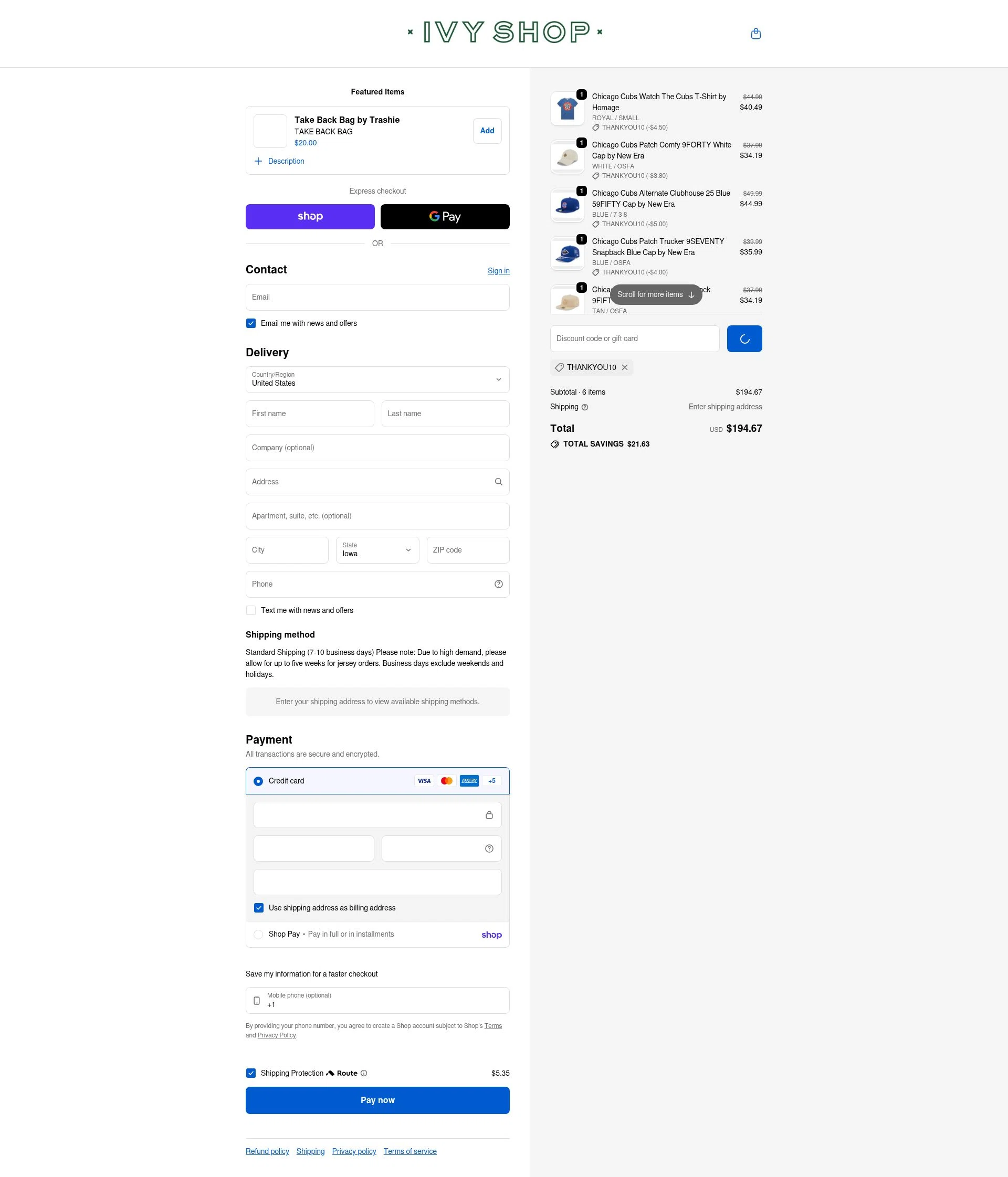 Ivy Shop checkout page showing Ivy Shop discount code box | Screenshot taken by SimplyCodes community member on Feb 13, 2026