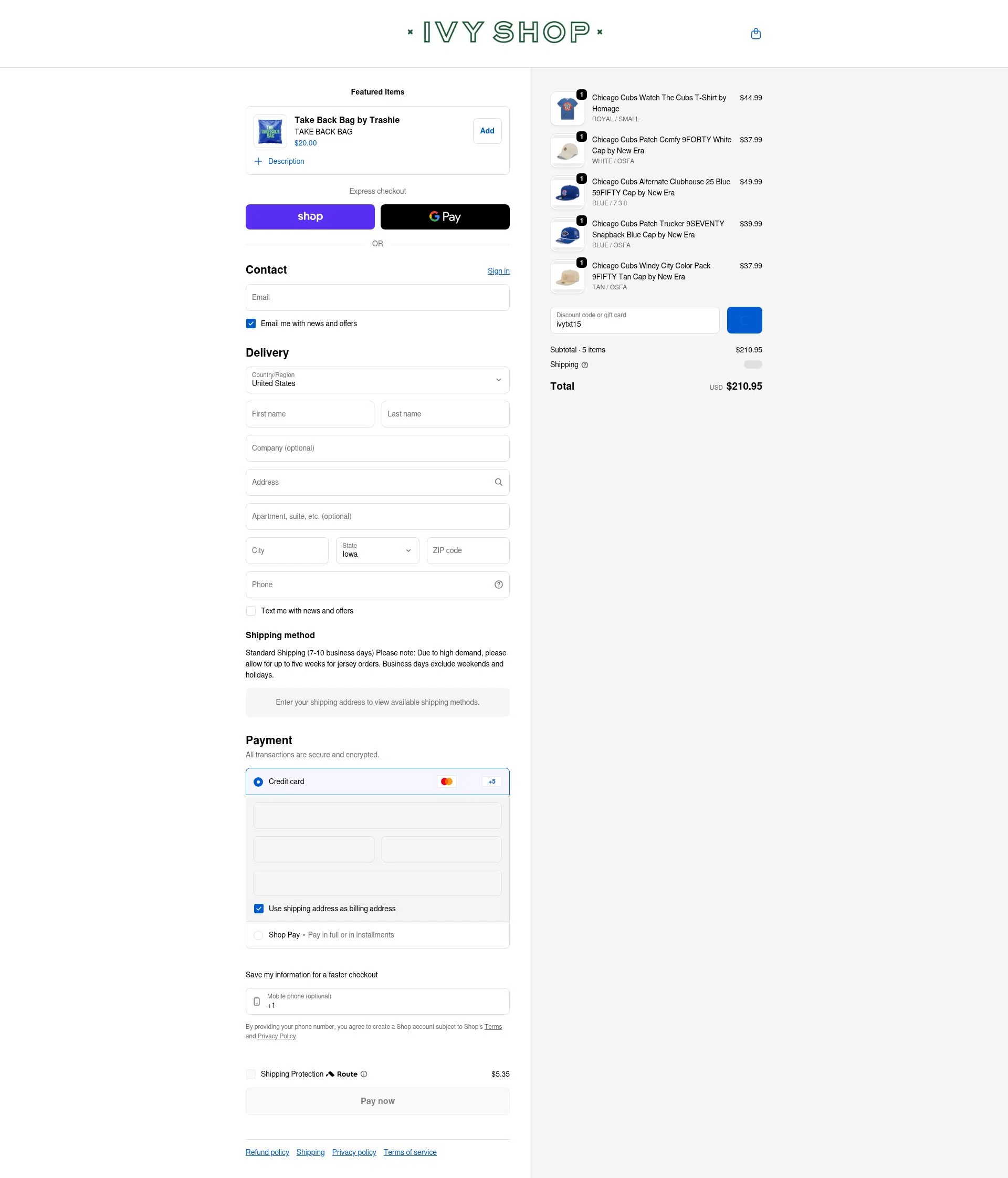 Ivy Shop checkout page showing Ivy Shop discount code box | Screenshot taken by SimplyCodes community member on Feb 13, 2026