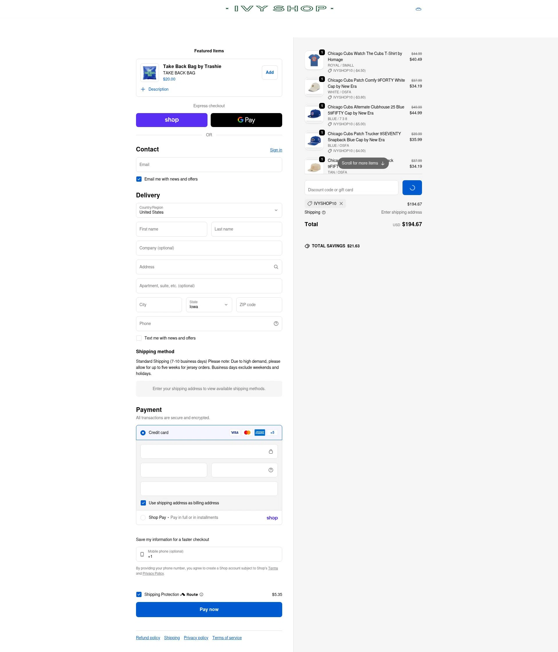 Ivy Shop checkout page showing Ivy Shop discount code box | Screenshot taken by SimplyCodes community member on Feb 13, 2026