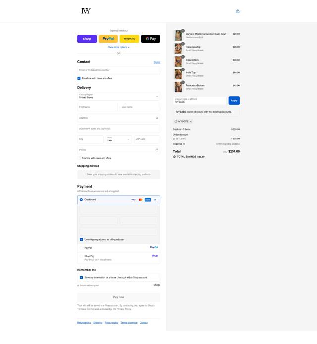 IVY Swimwear checkout page showing IVY Swimwear coupon code box | Screenshot taken by SimplyCodes community member on Sep 10, 2025