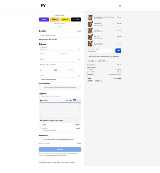 IVY Swimwear checkout page showing IVY Swimwear coupon code box | Screenshot taken by SimplyCodes community member on Sep 10, 2025