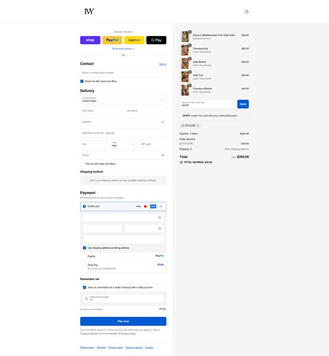 IVY Swimwear checkout page showing IVY Swimwear coupon code box | Screenshot taken by SimplyCodes community member on Sep 10, 2025