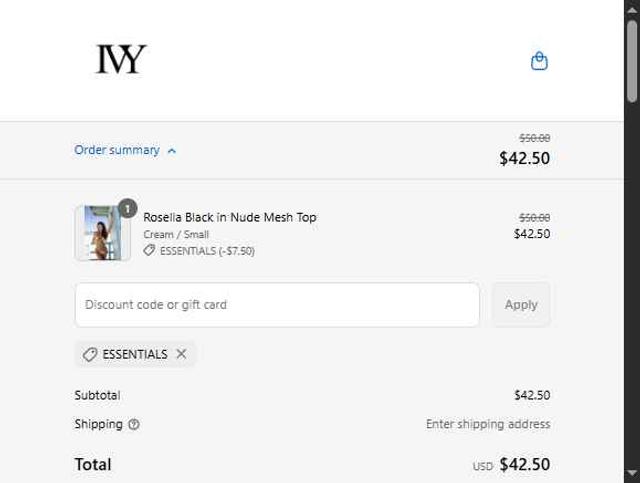IVY Swimwear checkout page showing IVY Swimwear coupon code box | Screenshot taken by SimplyCodes community member on Sep 13, 2025