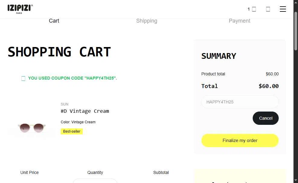 Izipizi checkout page showing Izipizi promo code box | Screenshot taken by SimplyCodes community member on Jul 1, 2025