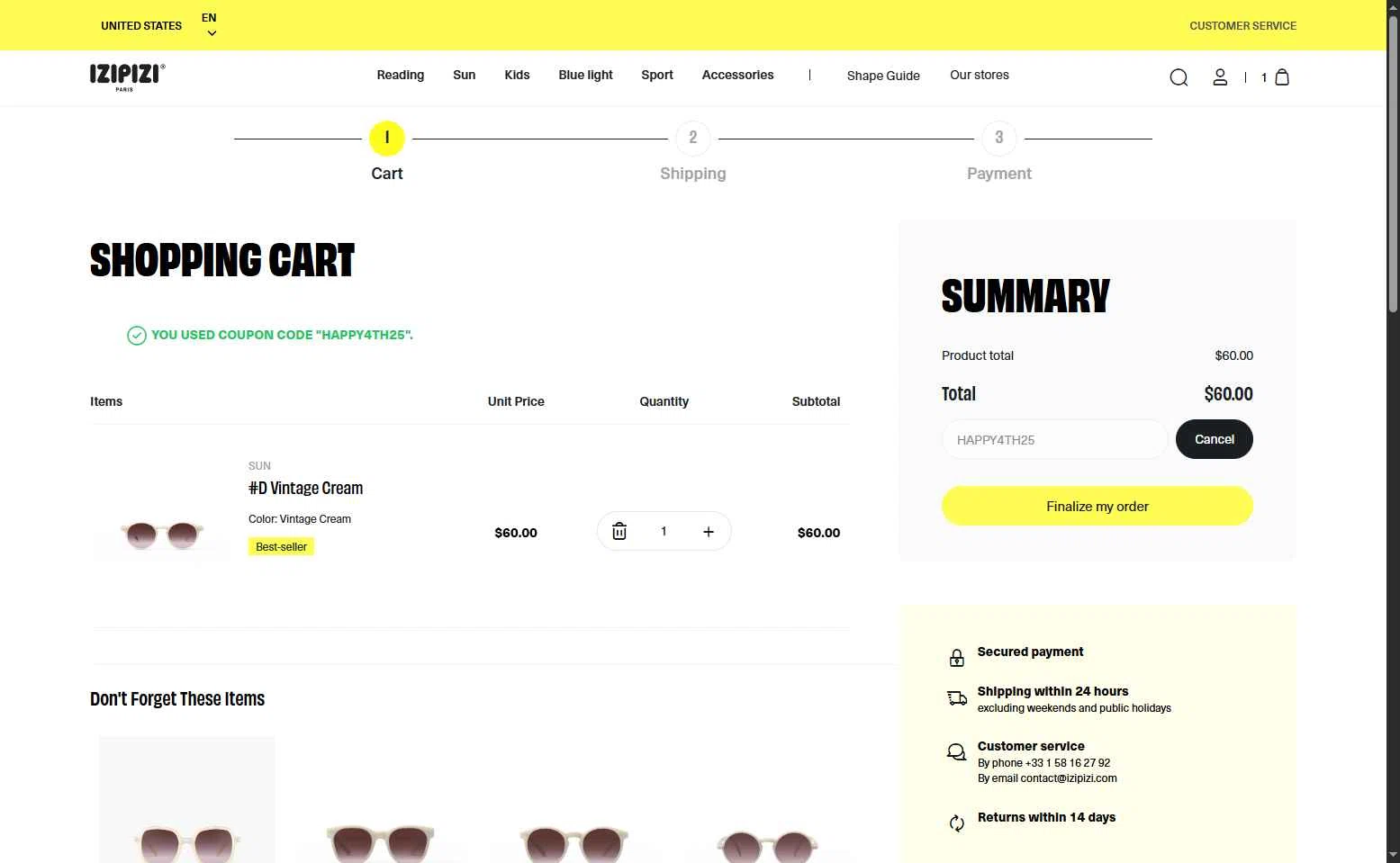 Izipizi checkout page showing Izipizi promo code box | Screenshot taken by SimplyCodes community member on Jul 4, 2025