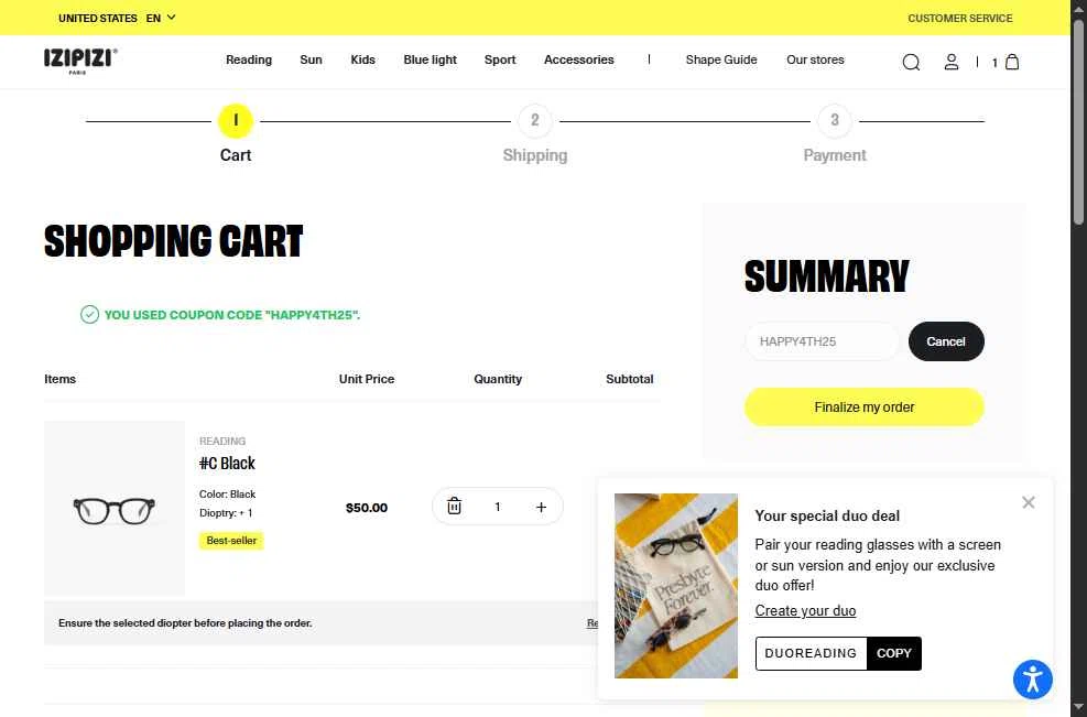 Izipizi checkout page showing Izipizi promo code box | Screenshot taken by SimplyCodes community member on Jun 28, 2025