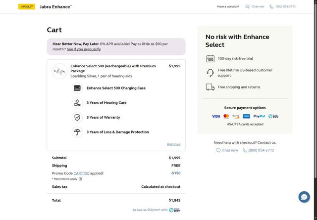 Jabra Enhance checkout page showing Jabra Enhance promo code box | Screenshot taken by SimplyCodes community member on Jul 19, 2025