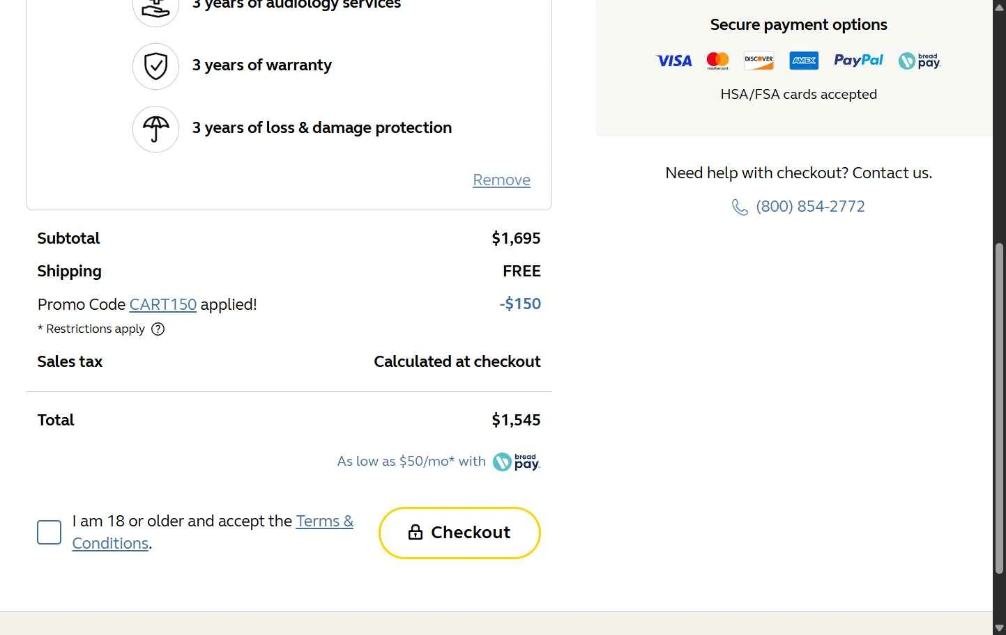 Jabra Enhance checkout page showing Jabra Enhance promo code box | Screenshot taken by SimplyCodes community member on Nov 12, 2025