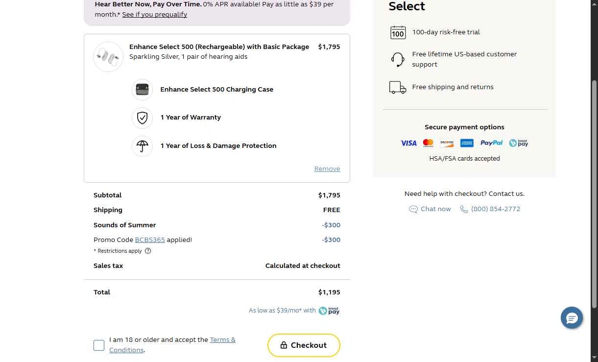 Jabra Enhance checkout page showing Jabra Enhance promo code box | Screenshot taken by SimplyCodes community member on Aug 6, 2025