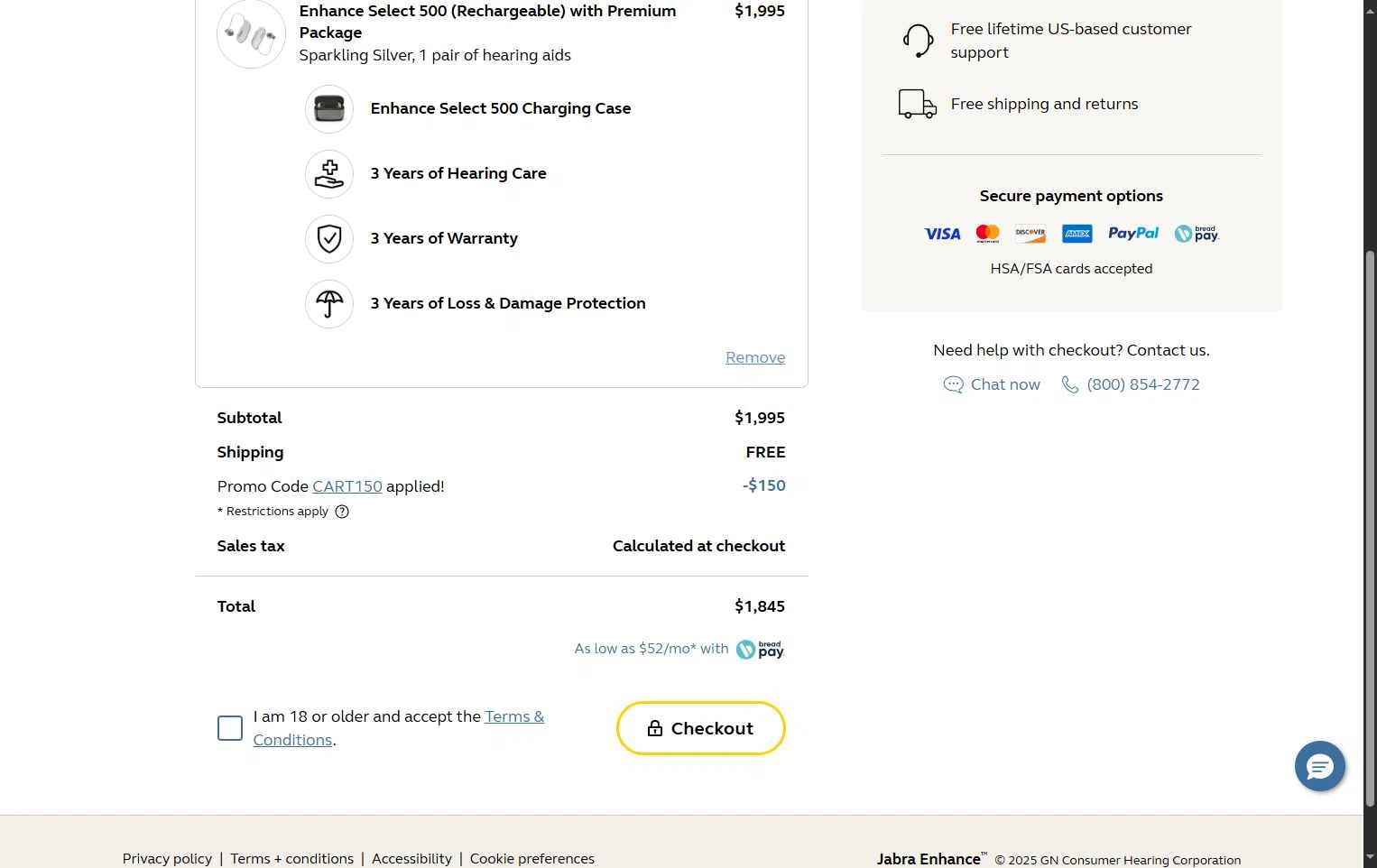 Jabra Enhance checkout page showing Jabra Enhance promo code box | Screenshot taken by SimplyCodes community member on Aug 17, 2025