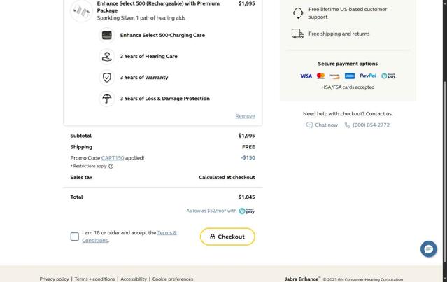 Jabra Enhance checkout page showing Jabra Enhance promo code box | Screenshot taken by SimplyCodes community member on Aug 17, 2025