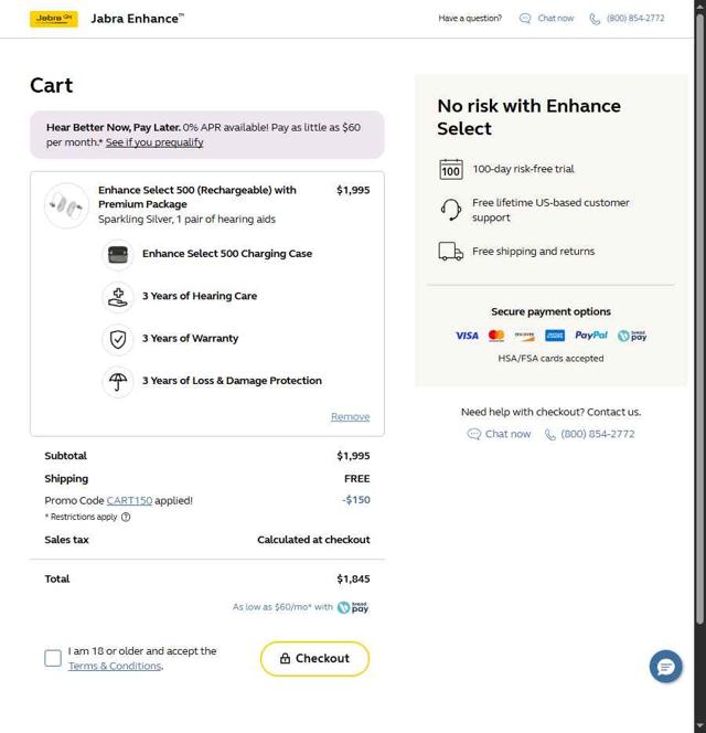 Jabra Enhance checkout page showing Jabra Enhance promo code box | Screenshot taken by SimplyCodes community member on Jul 19, 2025