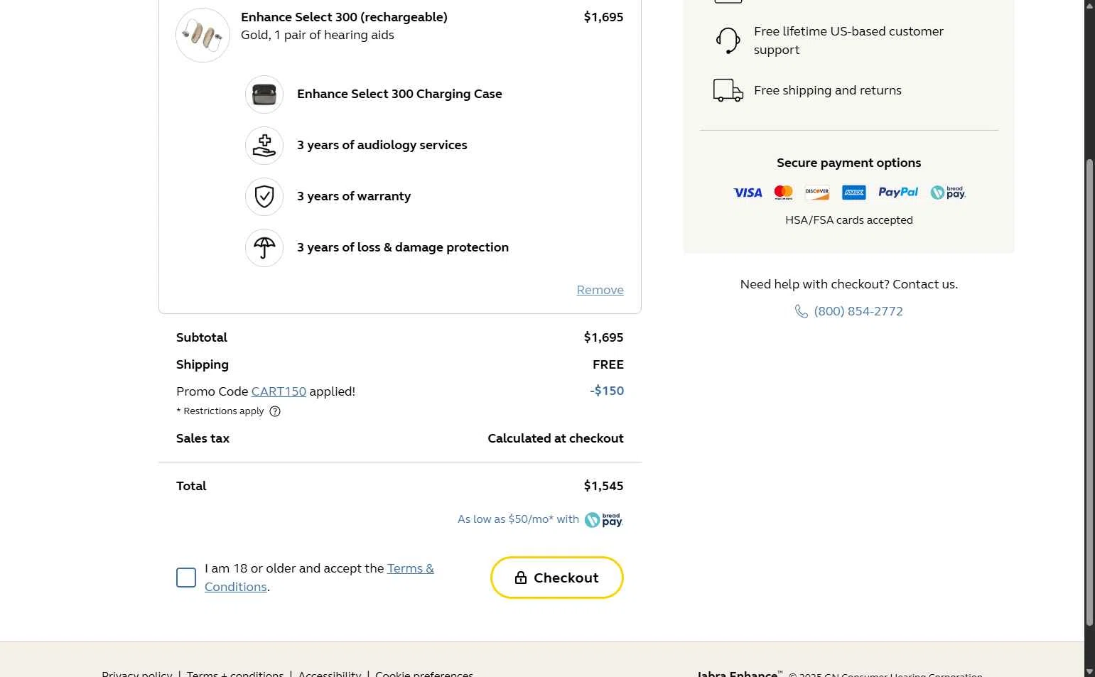 Jabra Enhance checkout page showing Jabra Enhance promo code box | Screenshot taken by SimplyCodes community member on Dec 11, 2025