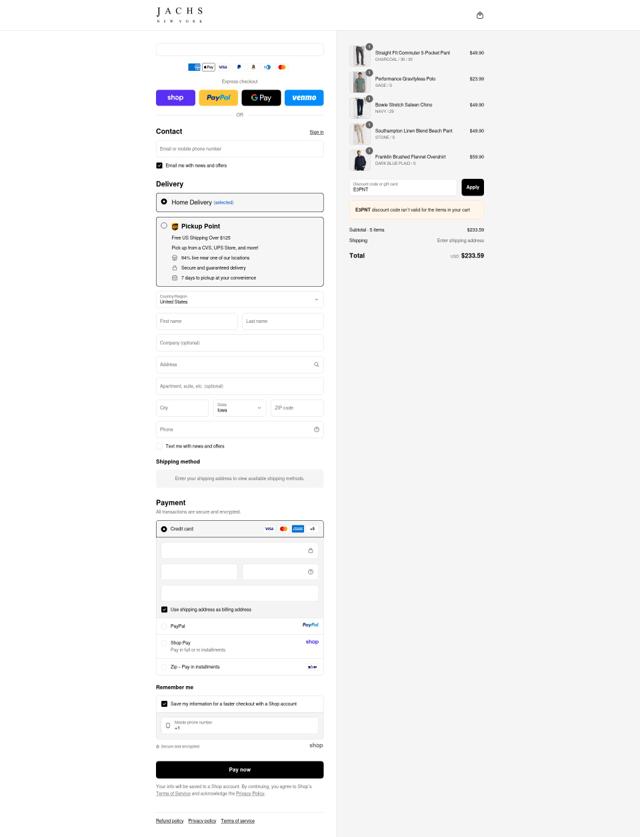 JACHS NY checkout page showing JACHS NY discount code box | Screenshot taken by SimplyCodes community member on Sep 12, 2025
