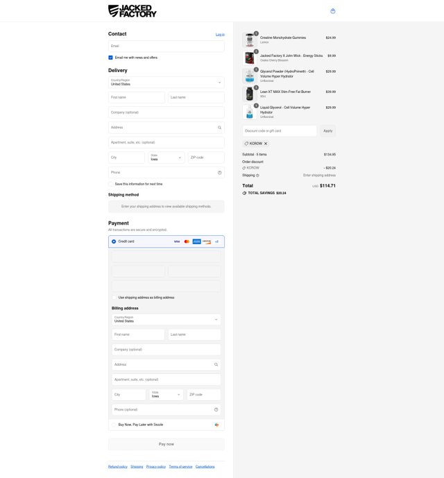 Jacked Factory checkout page showing Jacked Factory promo code box | Screenshot taken by SimplyCodes community member on Sep 5, 2025