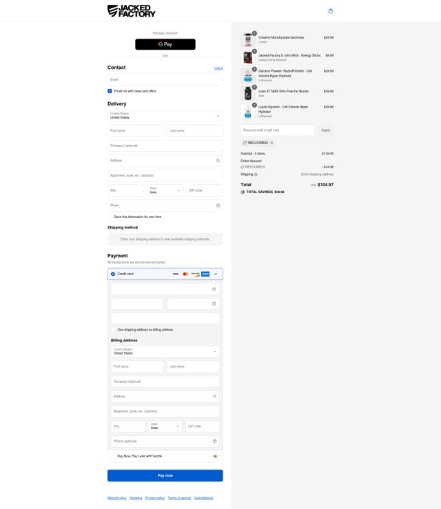 Jacked Factory checkout page showing Jacked Factory promo code box | Screenshot taken by SimplyCodes community member on Sep 8, 2025