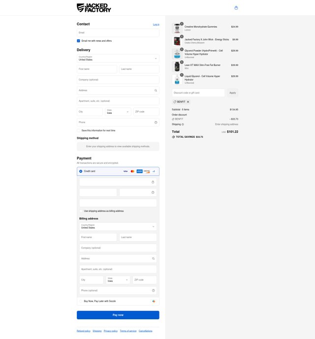 Jacked Factory checkout page showing Jacked Factory promo code box | Screenshot taken by SimplyCodes community member on Sep 5, 2025