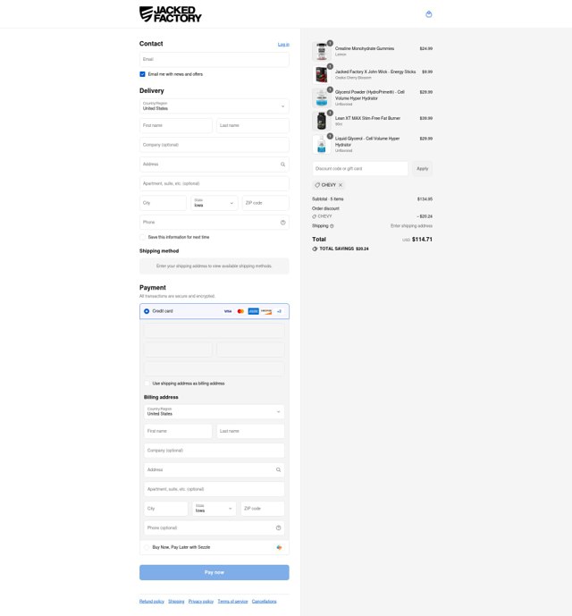 Jacked Factory checkout page showing Jacked Factory promo code box | Screenshot taken by SimplyCodes community member on Sep 5, 2025