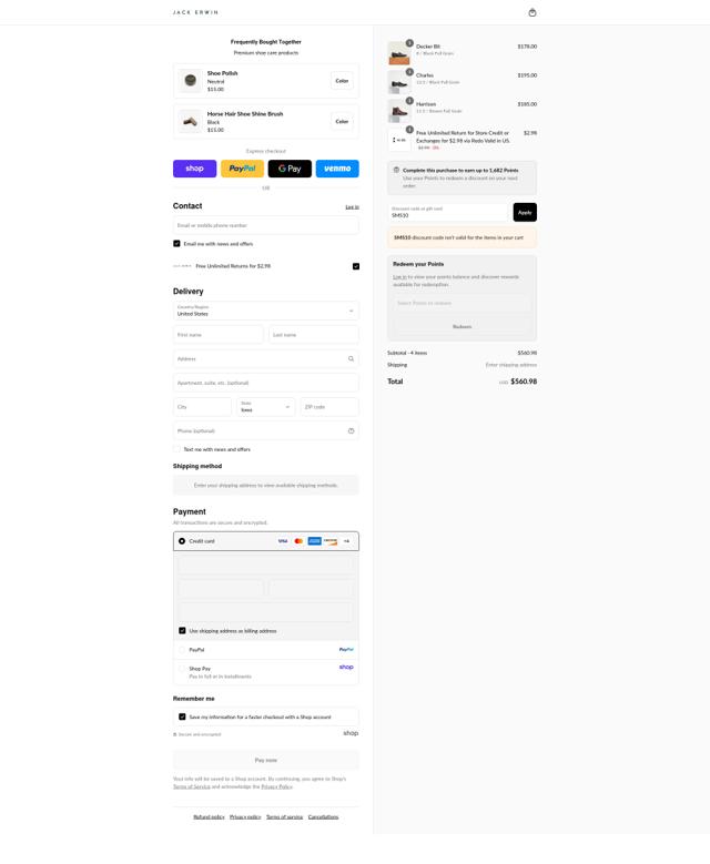 Jack Erwin checkout page showing Jack Erwin discount code box | Screenshot taken by SimplyCodes community member on Sep 4, 2025