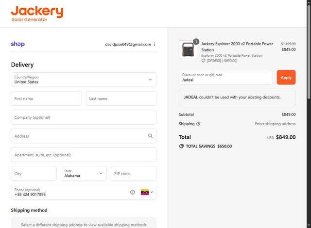 Jackery checkout page showing Jackery discount code box | Screenshot taken by SimplyCodes community member on Sep 5, 2025