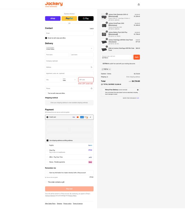 Jackery checkout page showing Jackery discount code box | Screenshot taken by SimplyCodes community member on Sep 4, 2025