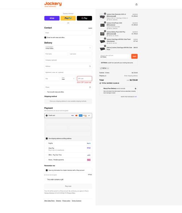 Jackery checkout page showing Jackery discount code box | Screenshot taken by SimplyCodes community member on Sep 4, 2025