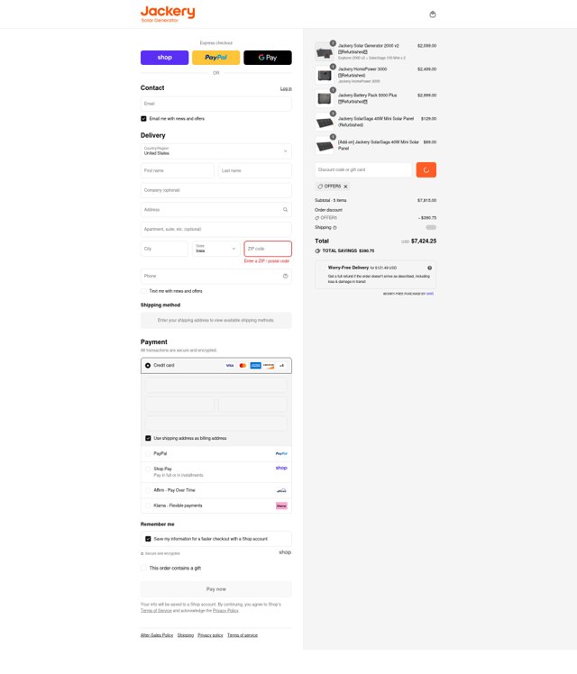 Jackery checkout page showing Jackery discount code box | Screenshot taken by SimplyCodes community member on Sep 4, 2025