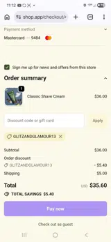 GLITZANDGLAMOUR13 coupon verification screenshot