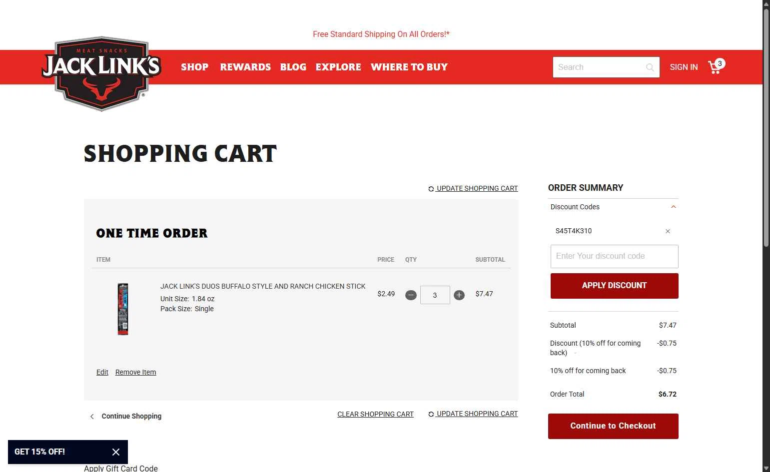 Jack Links checkout page showing Jack Links discount code box | Screenshot taken by SimplyCodes community member on Oct 13, 2025