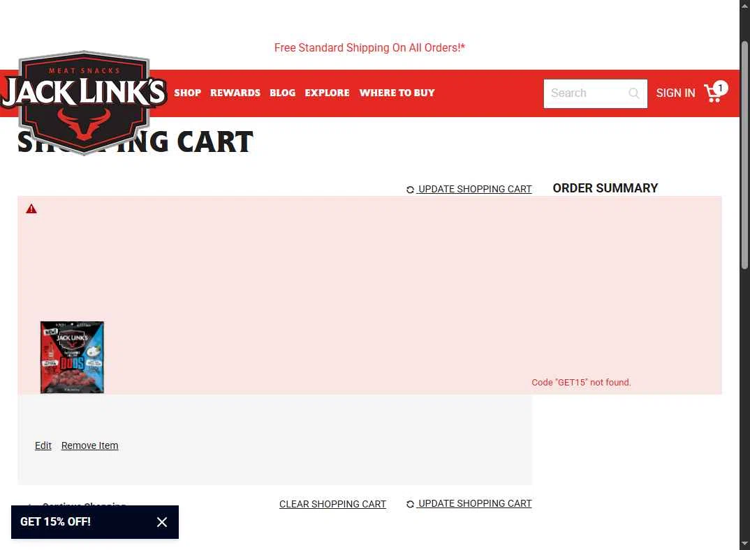 Jack Links checkout page showing Jack Links discount code box | Screenshot taken by SimplyCodes community member on Nov 25, 2025