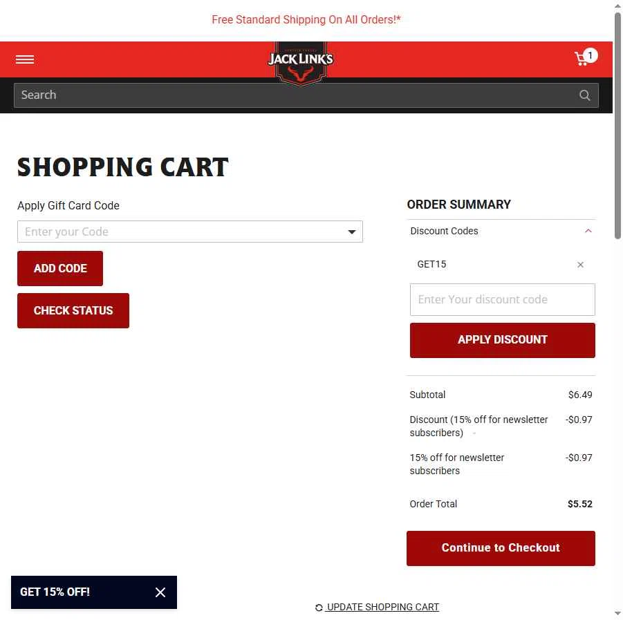 Jack Links checkout page showing Jack Links discount code box | Screenshot taken by SimplyCodes community member on Jul 15, 2025
