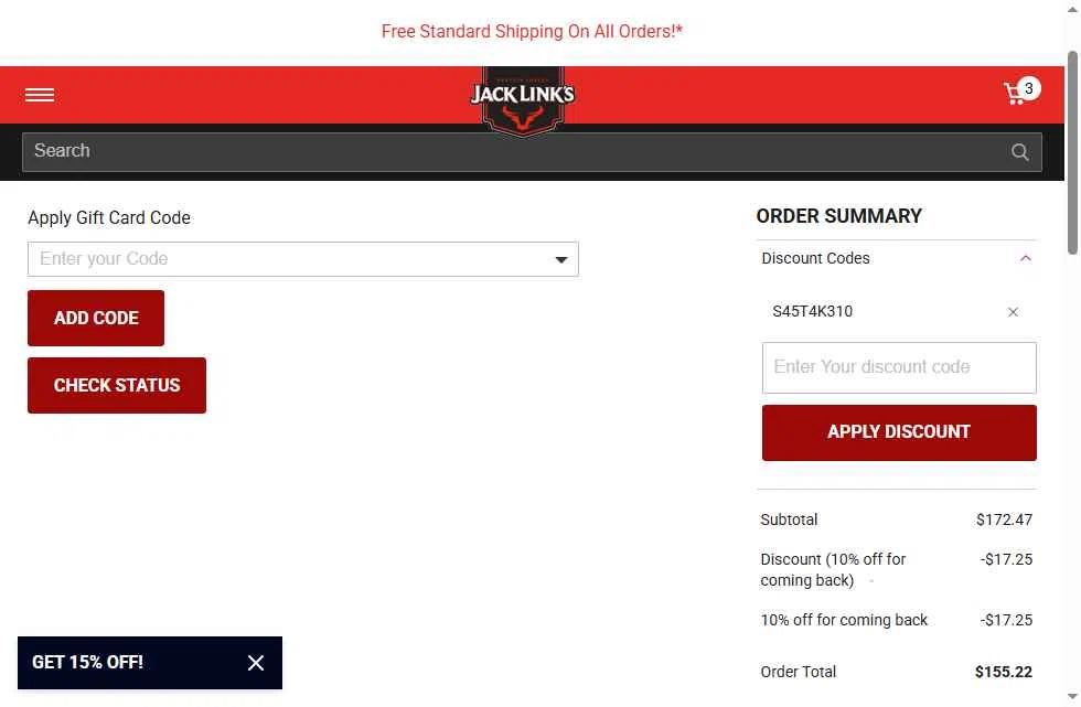 Jack Links checkout page showing Jack Links discount code box | Screenshot taken by SimplyCodes community member on Feb 6, 2026