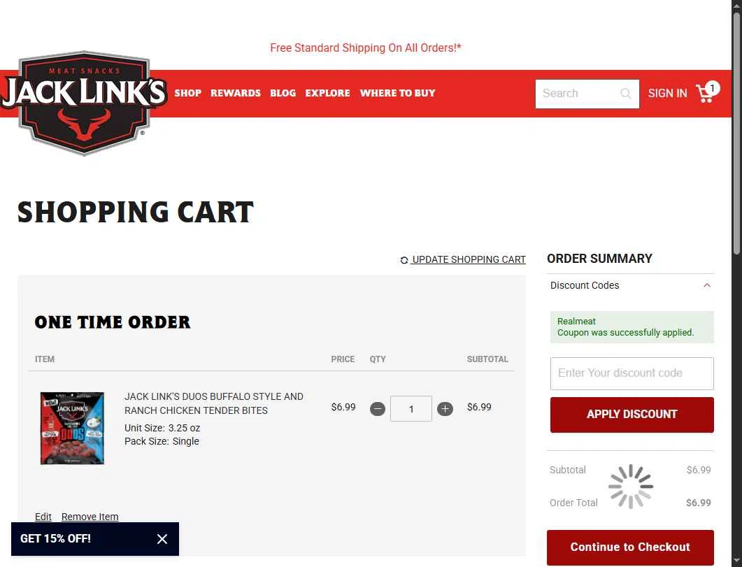 Jack Links checkout page showing Jack Links discount code box | Screenshot taken by SimplyCodes community member on Dec 1, 2025