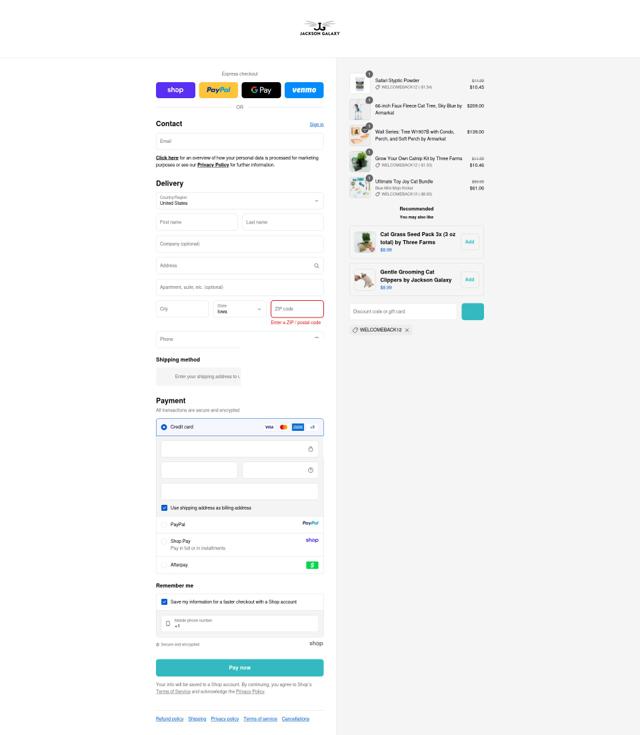 Jackson Galaxy checkout page showing Jackson Galaxy coupon code box | Screenshot taken by SimplyCodes community member on Sep 14, 2025