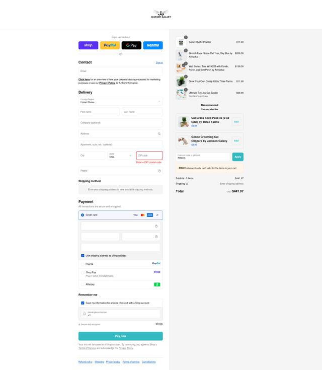 Jackson Galaxy checkout page showing Jackson Galaxy coupon code box | Screenshot taken by SimplyCodes community member on Sep 14, 2025