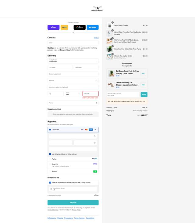 Jackson Galaxy checkout page showing Jackson Galaxy coupon code box | Screenshot taken by SimplyCodes community member on Sep 14, 2025