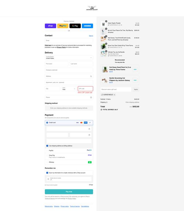 Jackson Galaxy checkout page showing Jackson Galaxy coupon code box | Screenshot taken by SimplyCodes community member on Sep 14, 2025