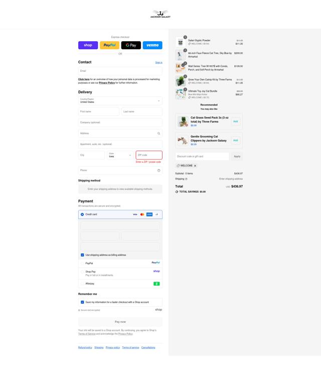 Jackson Galaxy checkout page showing Jackson Galaxy coupon code box | Screenshot taken by SimplyCodes community member on Sep 14, 2025