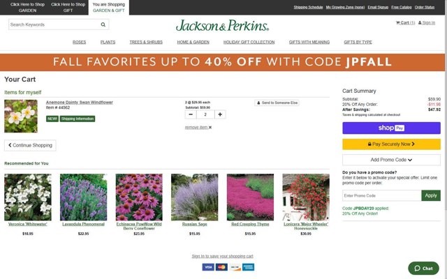 Jackson & Perkins checkout page showing Jackson & Perkins discount code box | Screenshot taken by SimplyCodes community member on Sep 5, 2025
