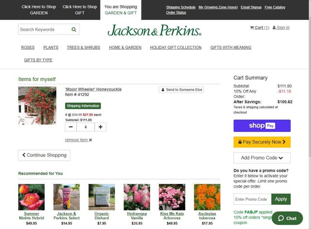 Jackson & Perkins checkout page showing Jackson & Perkins discount code box | Screenshot taken by SimplyCodes community member on Aug 12, 2025