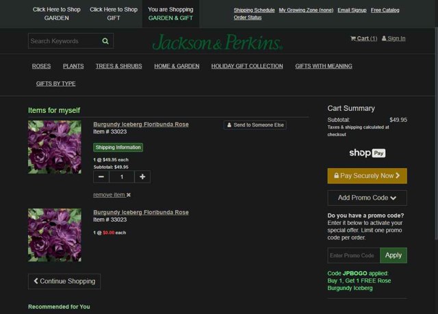 Jackson & Perkins checkout page showing Jackson & Perkins discount code box | Screenshot taken by SimplyCodes community member on Aug 20, 2025