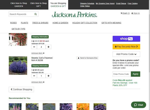Jackson & Perkins checkout page showing Jackson & Perkins discount code box | Screenshot taken by SimplyCodes community member on Aug 21, 2025