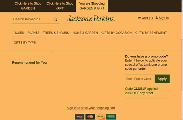 Jackson & Perkins checkout page showing Jackson & Perkins discount code box | Screenshot taken by SimplyCodes community member on Jul 24, 2025