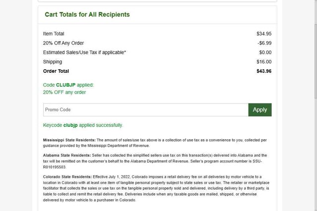 Jackson & Perkins checkout page showing Jackson & Perkins discount code box | Screenshot taken by SimplyCodes community member on Jul 24, 2025