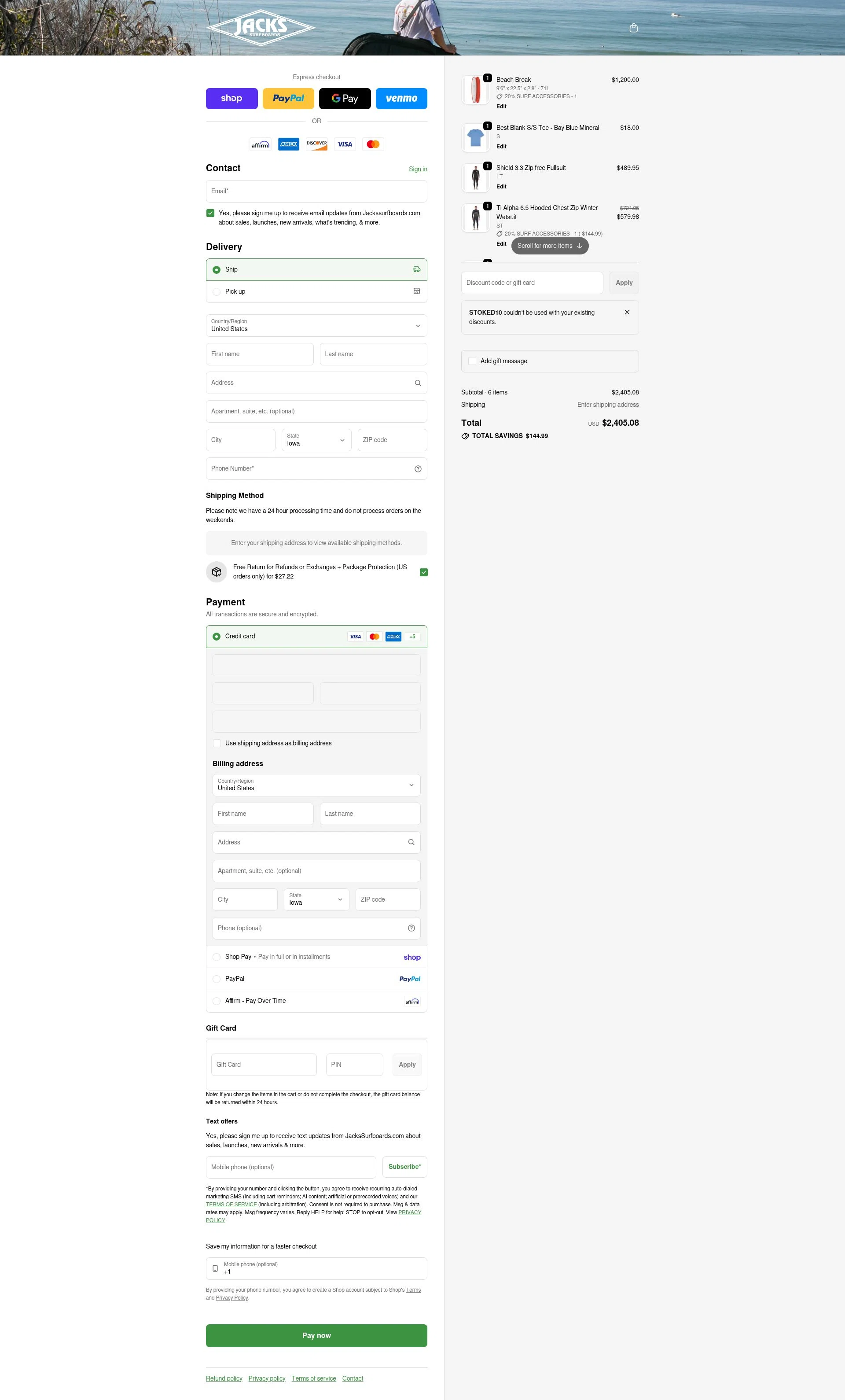 Jack's Surfboards checkout page showing Jack's Surfboards discount code box | Screenshot taken by SimplyCodes community member on Feb 18, 2026