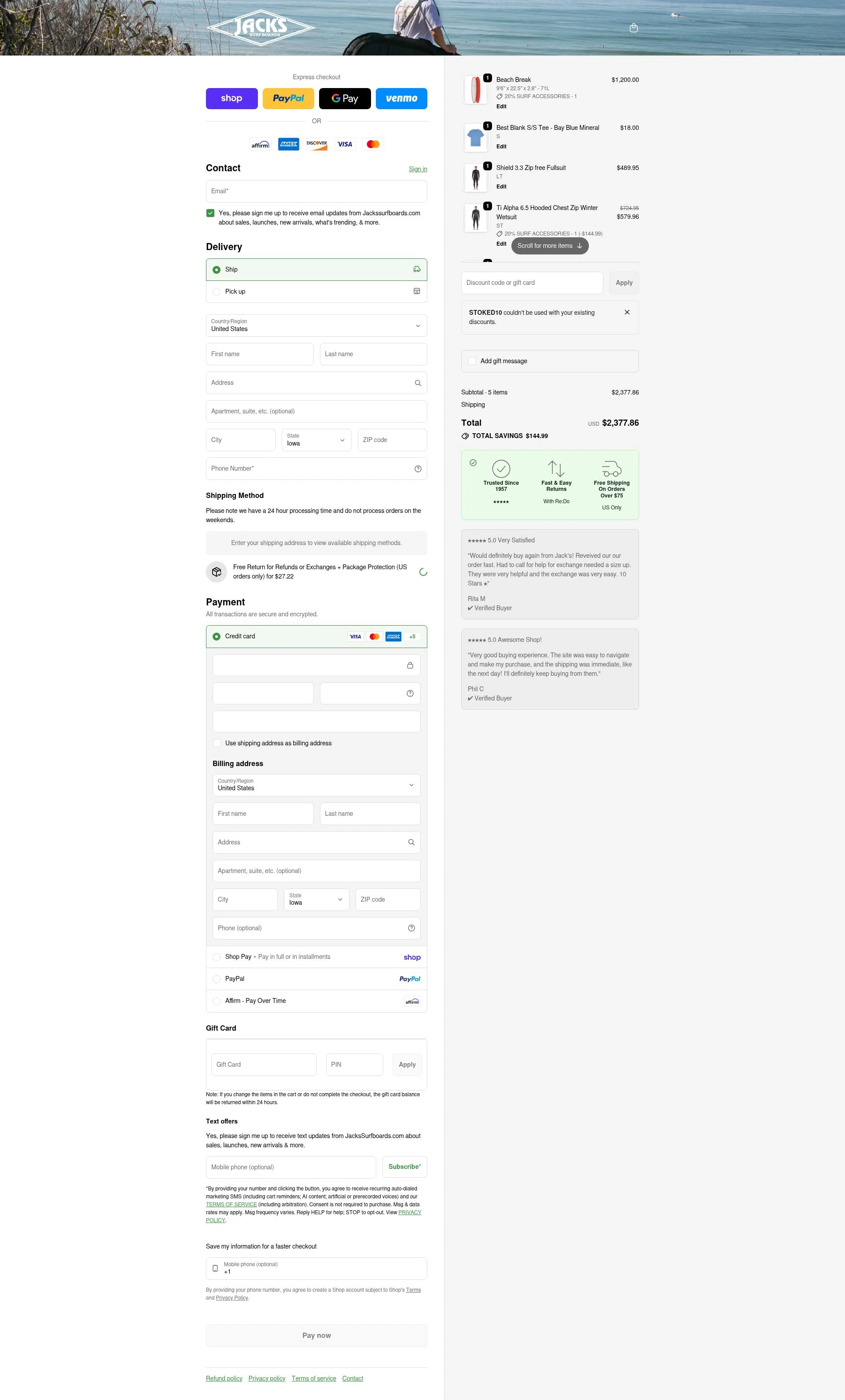 Jack's Surfboards checkout page showing Jack's Surfboards discount code box | Screenshot taken by SimplyCodes community member on Feb 5, 2026