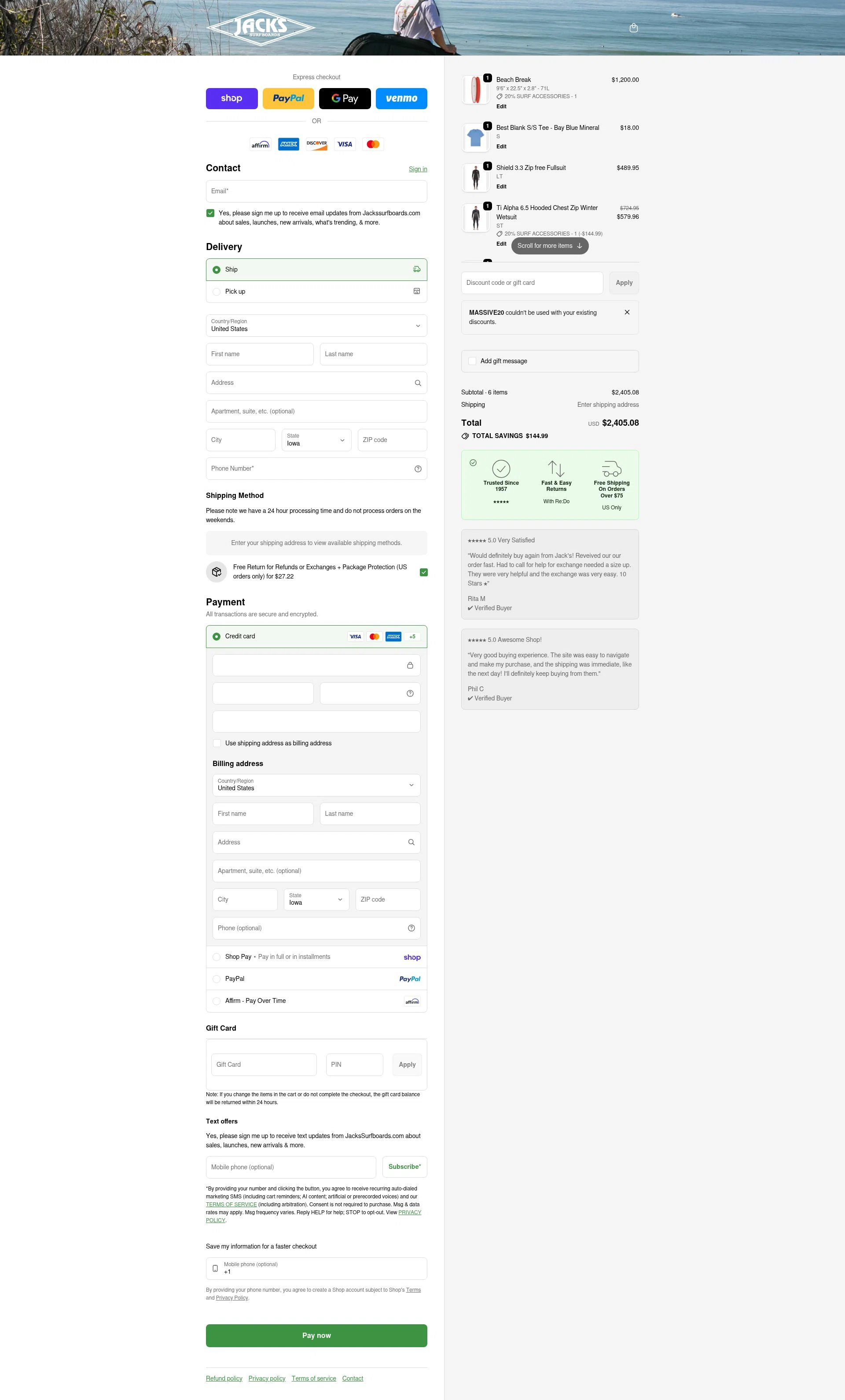 Jack's Surfboards checkout page showing Jack's Surfboards discount code box | Screenshot taken by SimplyCodes community member on Feb 9, 2026