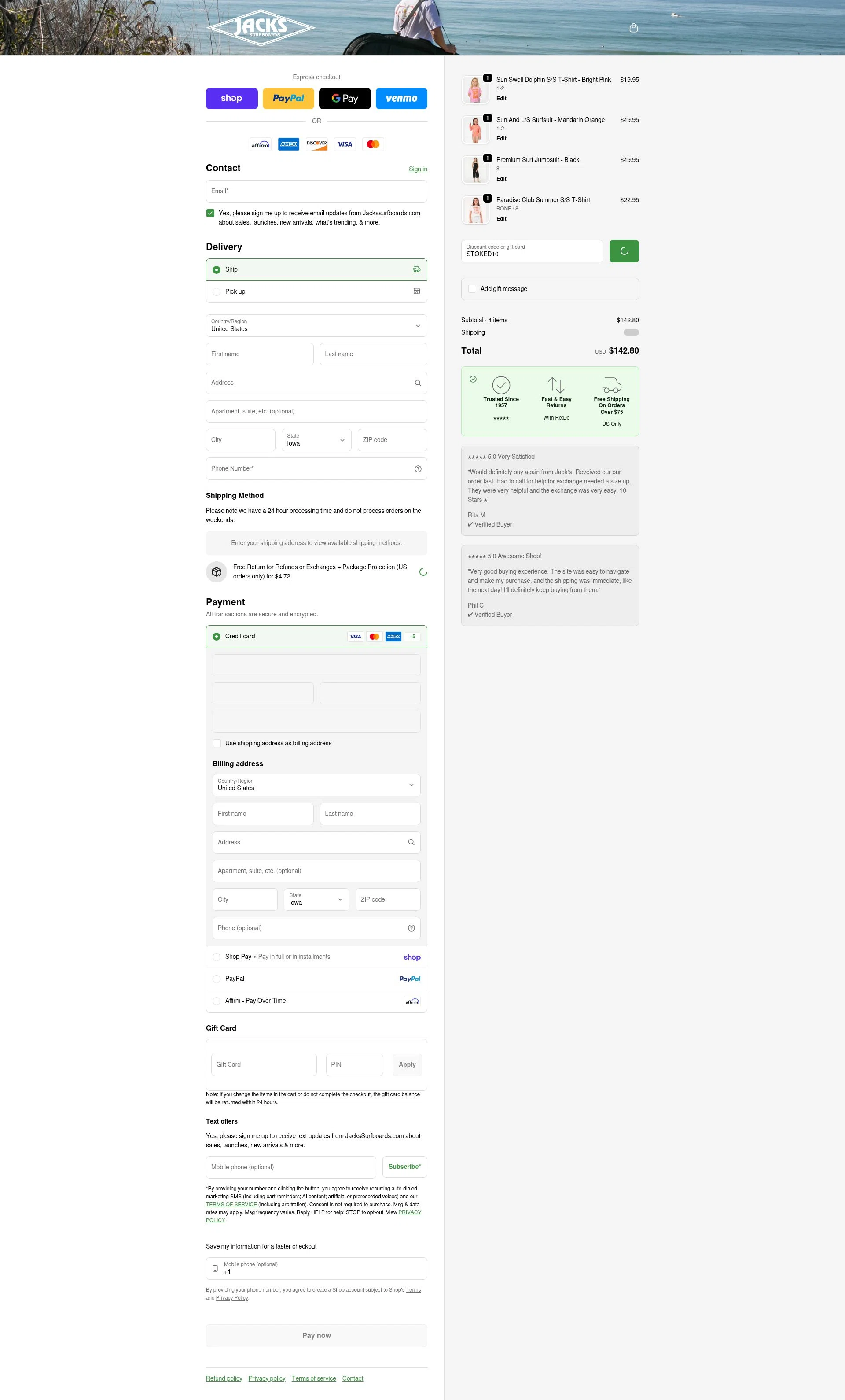 Jack's Surfboards checkout page showing Jack's Surfboards discount code box | Screenshot taken by SimplyCodes community member on Feb 1, 2026